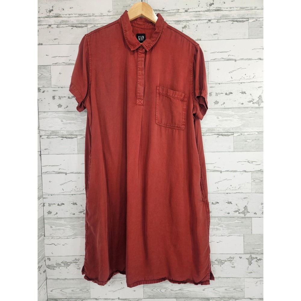 Gap Womens XL Red Lyocell Short Sleeve Pocket Tunic Shirt Dress Terracotta